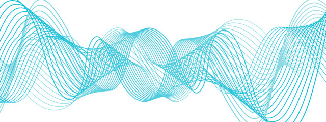 Poster - Abstract, digital-style background with series  intertwined, flowing waveforms made of smooth, fine aqua blue lines. Waves curve and overlap fluidly, stretching horizontally across with soft gradients