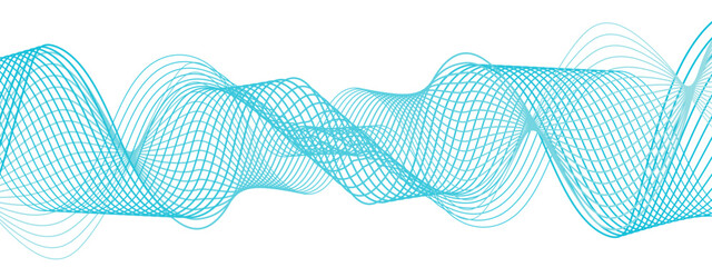 Poster - Abstract, digital-style background with series  intertwined, flowing waveforms made of smooth, fine aqua blue lines. Waves curve and overlap fluidly, stretching horizontally across with soft gradients