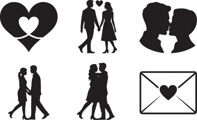 Fototapete - Monochrome Couple Silhouettes on Black: Relationships, Affection, Graphic Elements for Romance and Connection Themes