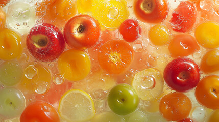 overhead view of fresh fruits and vegetables arranged artistically with vibrant colors under soft di