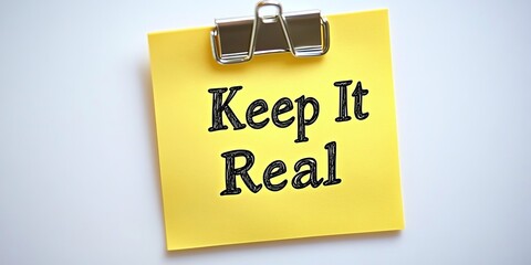 Poster - Yellow Sticky Note with Keep It Real Message Clipped to White Wall for Inspiration and Motivation.