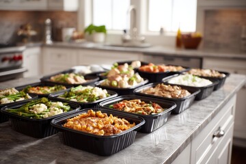 Poster - Clean Kitchen Counter Arrangement Featuring Frozen Entrees Neatly Displayed in Rows With Natural Light Illuminating the Setting