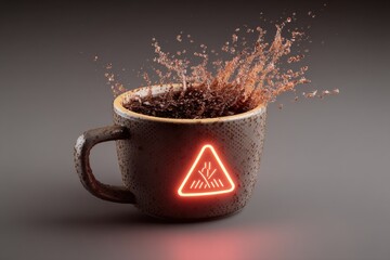 Leinwandbilder - Overflowing Coffee Mug With Jitter Lines and Warning Lights Creates a Dynamic Visual Experience in a Captivating 3D Render