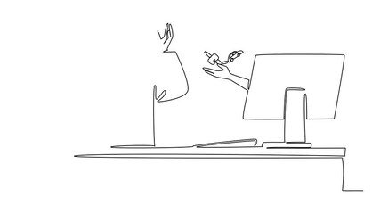 Poster - Self drawing animation of continuous line drawing hands out of monitor screen while holding car key with a car shaped keychain. Symbolism of online shopping. Things from Screen. Full length animated