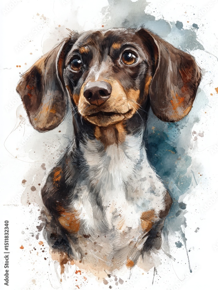A cheerful dachshund gazes confidently ahead, showcasing its distinctive features. The artistic background features splashes of color, enhancing the dogs warm personality and playful spirit.