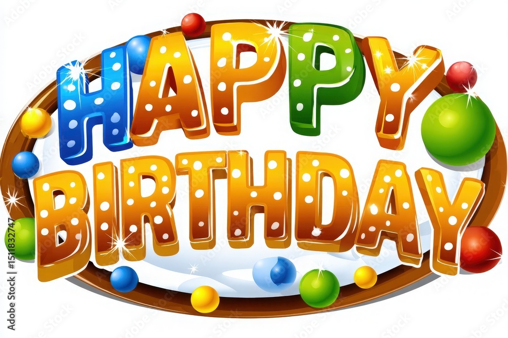 Brightly colored letters spell out a cheerful birthday message, surrounded by vibrant balls and festive decorations. The design conveys a fun atmosphere, perfect for celebrating a special day.