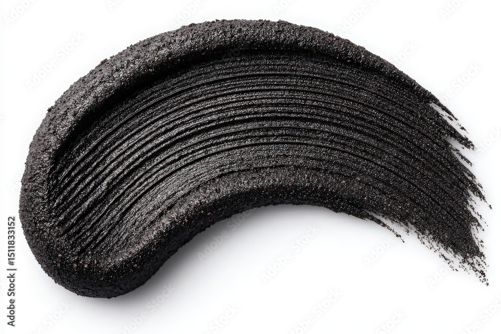 A thick texture of black product is artistically smeared across a clean white background. The blend showcases smooth lines and varying thickness, emphasizing its rich, dark tone.