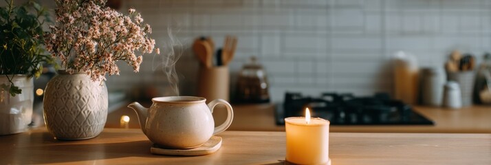 Poster - Elegant Kitchen With Herbal Tea and Candle Creating a Calming Atmosphere in the Late Afternoon Light