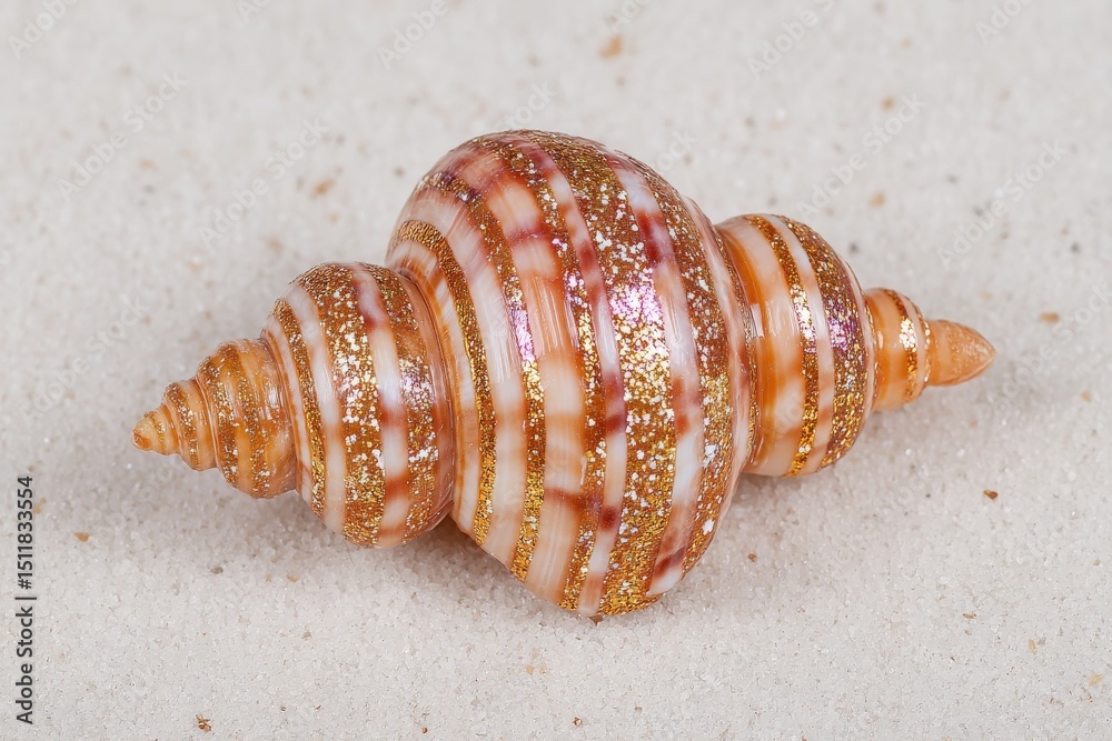A close-up view reveals a beautifully striped seashell resting on a sandy surface, highlighting its intricate spiral shape and sparkling golden accents captured under natural light.