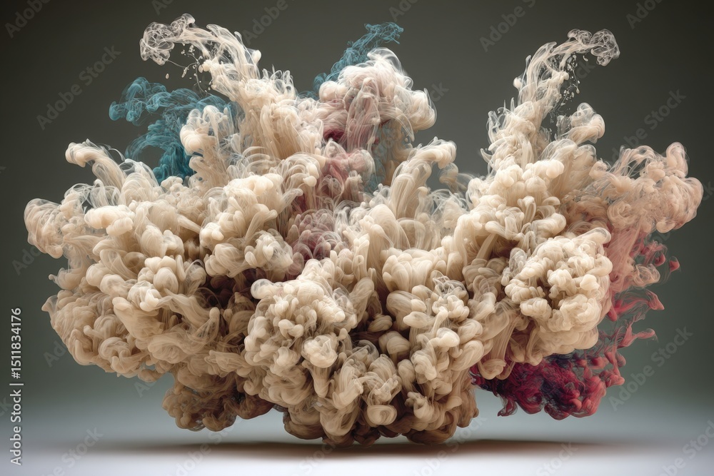 Swirling clouds of colored smoke in a dynamic display create an abstract visual. The mixture of earthy tones and vivid accents forms an engaging composition that captivates the viewers attention.