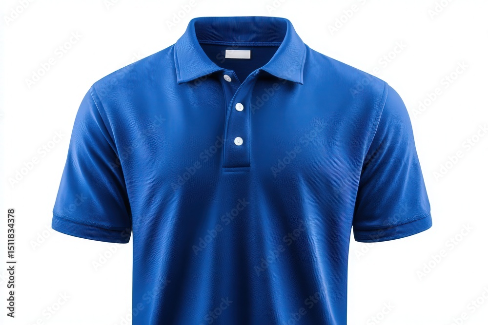A blue polo shirt is displayed against a plain background.