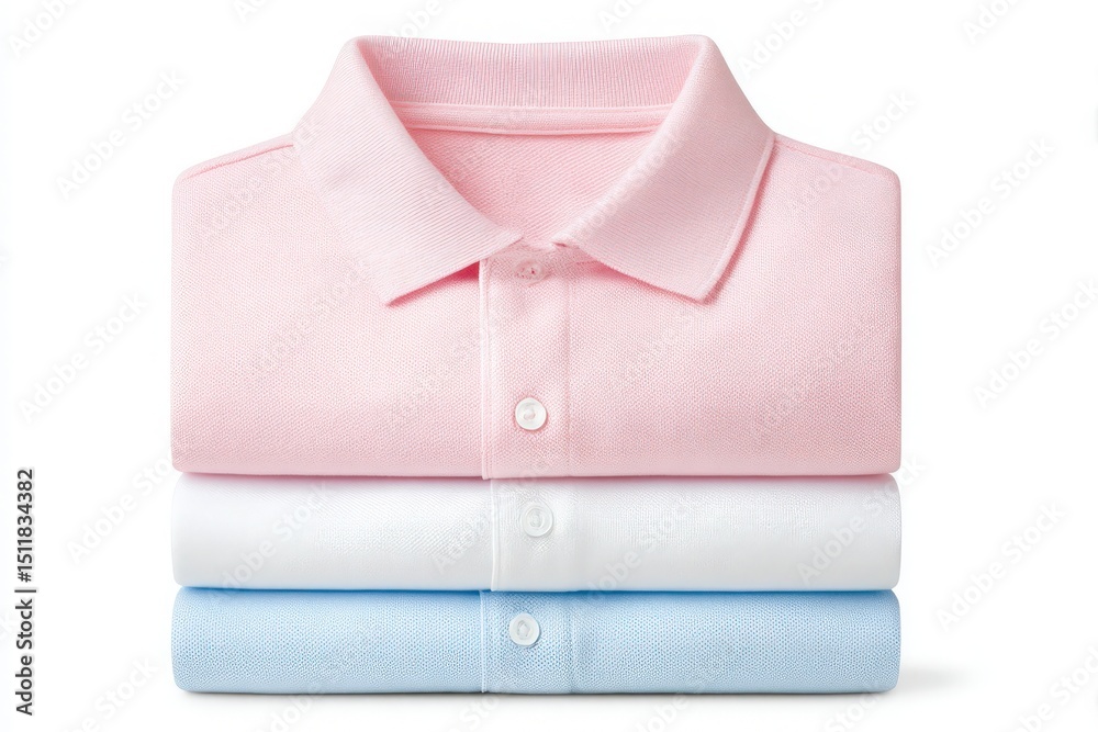 Three polo shirts are organized in a stack, showcasing pastel colors of pink, white, and light blue. The shirts feature short sleeves and buttoned collars, ideal for relaxed wear.