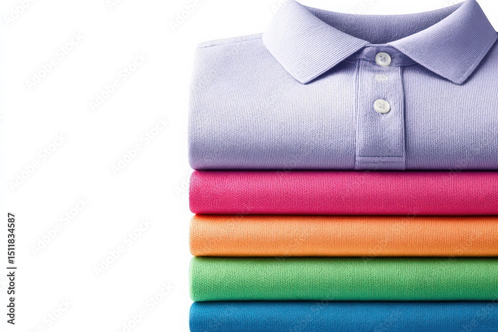 A stack of five polo shirts showcases a range of colors, including lavender, pink, orange, and green, neatly folded. The vibrant hues highlight casual fashion options for various occasions.