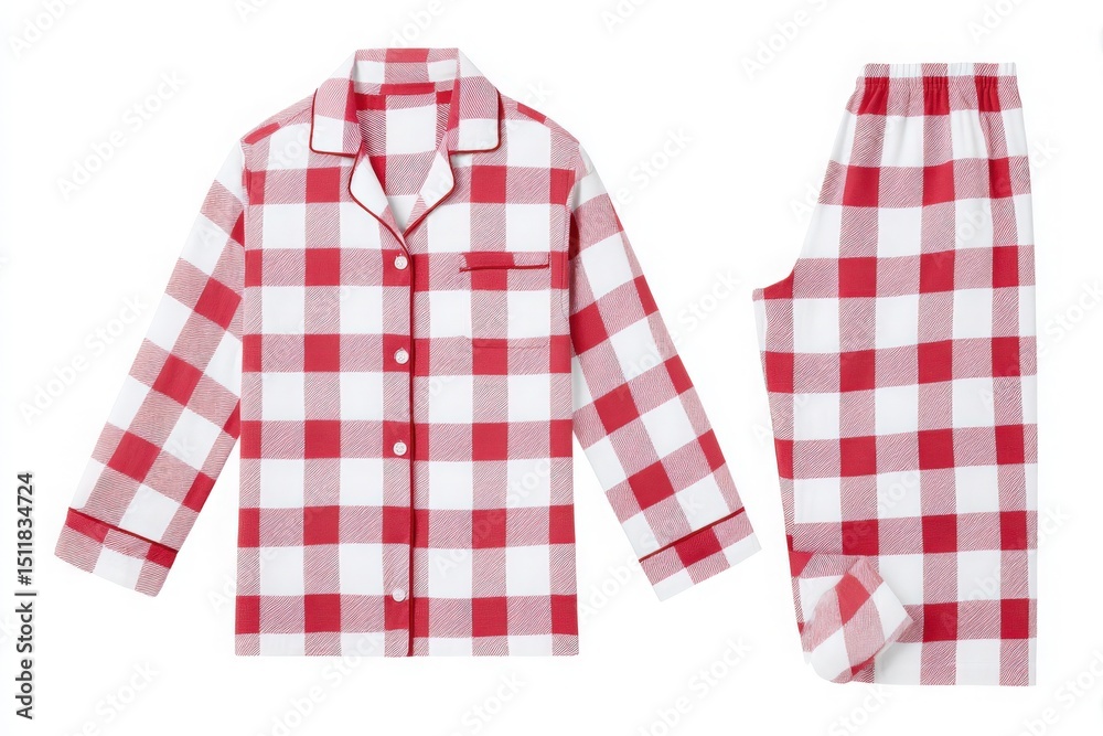 Soft, red and white checkered pajamas laid out on a plain background.