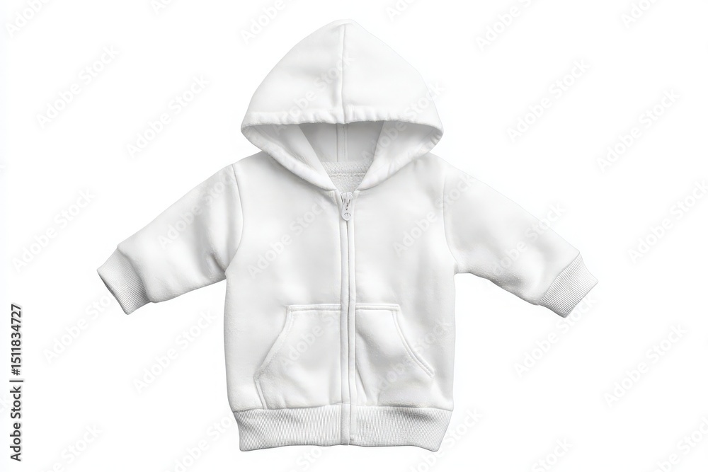 A small white zip-up hoodie is presented on a plain background, featuring a hood, pockets, and a soft fabric. This clothing item is perfect for children, ideal for casual wear or layering.