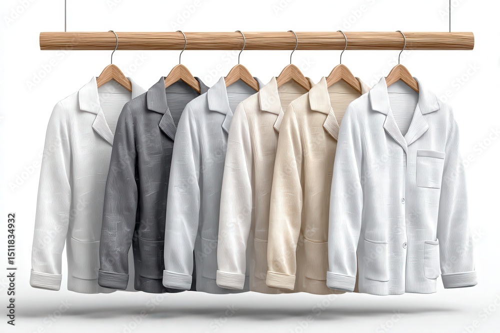 A stylish arrangement of loungewear jackets in various neutral shades is hanging on wooden hangers. The texture and colors highlight versatility and comfort in casual wear, suitable for relaxation.