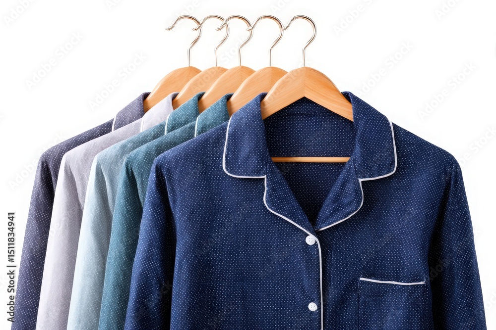 Various styles of cozy sleepwear displayed on wooden hangers against a clean background. The pieces feature different colors and designs, illustrating a stylish selection for restful nights.