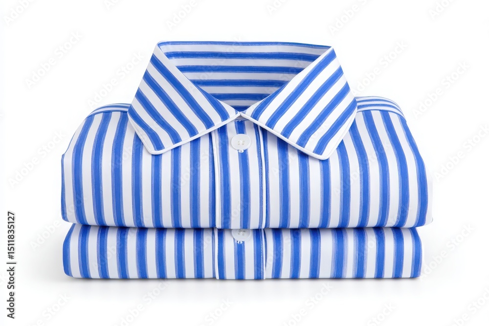 A neatly folded blue and white striped dress shirt is placed on a white background.