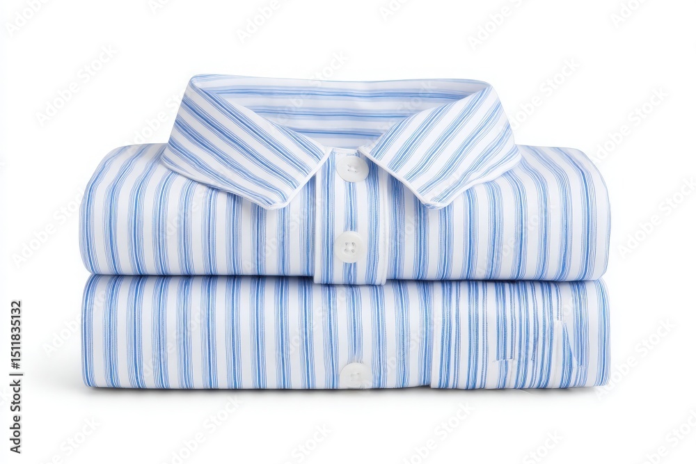 Two dress shirts with blue and white stripes are neatly folded on top of each other. The collars are crisp and buttoned, showcasing their classic design and fabric quality.