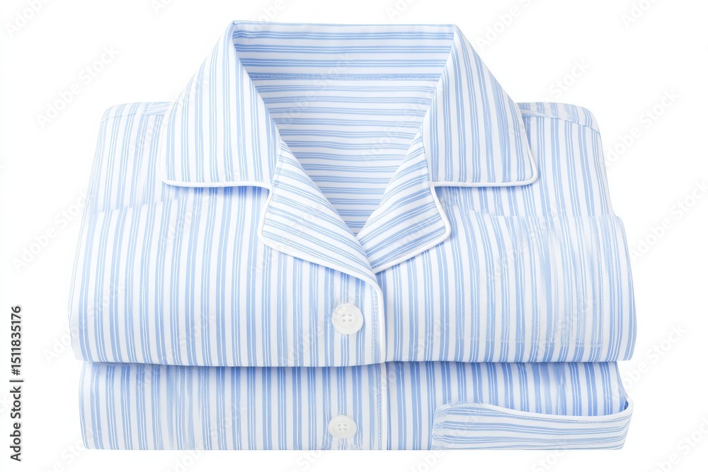 Soft blue and white striped sleepwear is neatly folded on a flat surface. The fabric appears smooth and inviting, showcasing a classic pattern. The setting is bright and minimal, emphasizing comfort.