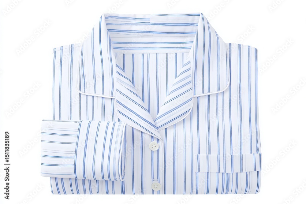 A blue and white striped pajama shirt is folded neatly, showcasing its crisp design. The shirt features a classic collar, button closure, and a single chest pocket, highlighting its casual elegance.
