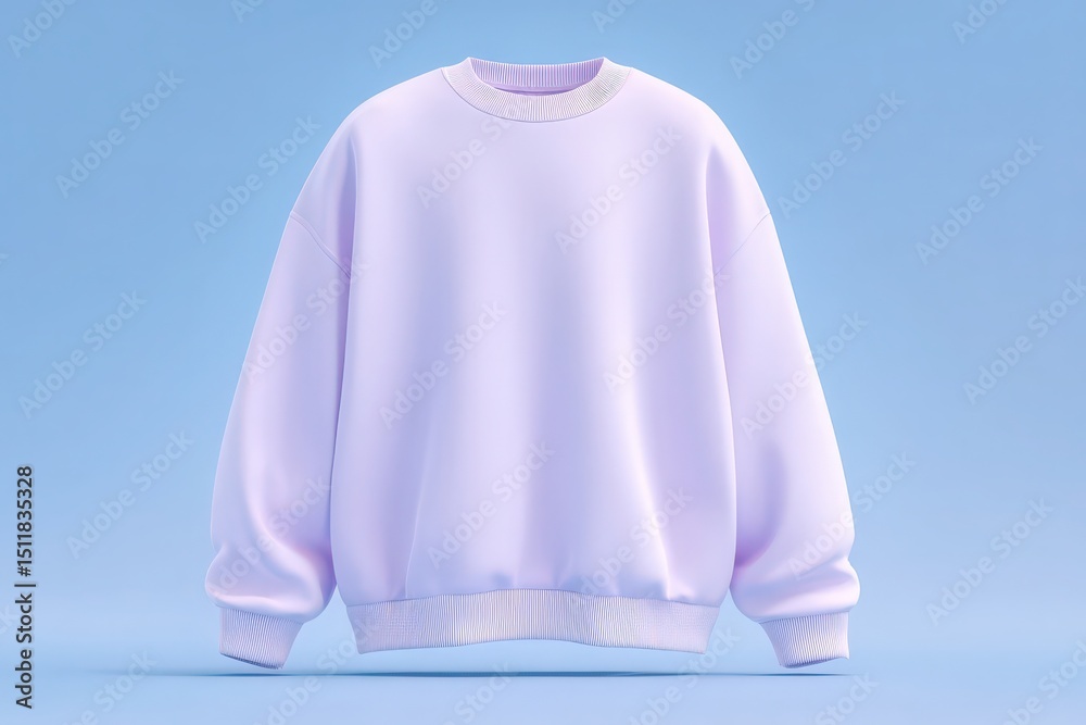 A cozy lavender sweatshirt is displayed prominently against a solid blue background. The garment features oversized sleeves and a relaxed fit, showcasing comfort and style.