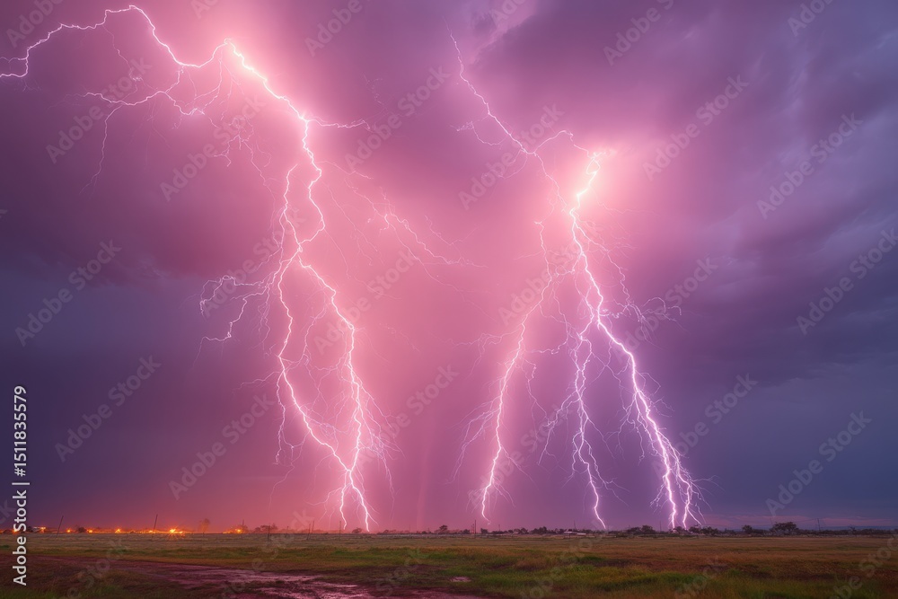 Intense lightning bolts fork from dark, ominous clouds, creating a striking contrast against the twilight sky. The horizon glows as natures electrical display captivates observers below.