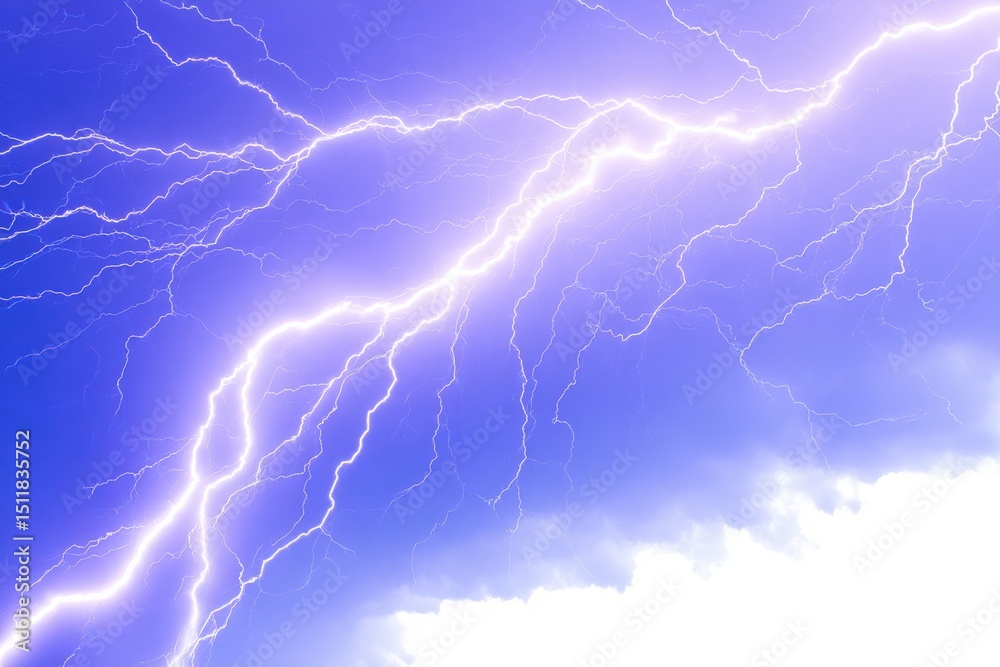 Bright lightning bolts streak across a darkened sky, creating a dramatic display during a summer thunderstorm. The intense flashes highlight the ominous clouds, revealing the power of nature.