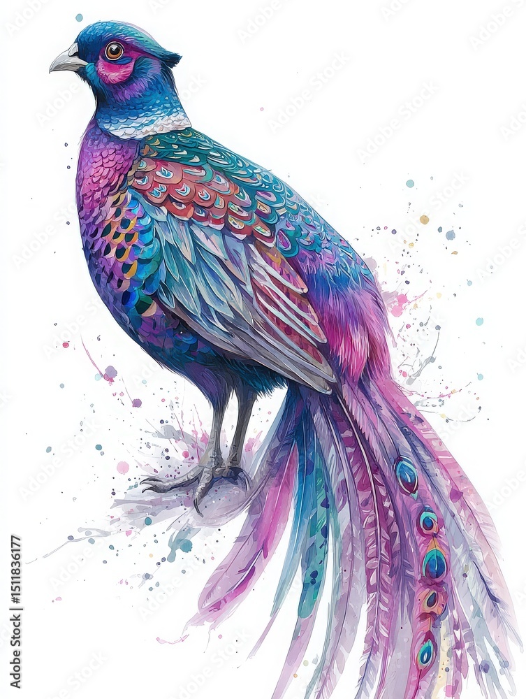 A stunning pheasant stands proudly with an array of vivid colors, showcasing iridescent feathers in shades of blue, purple, and pink.