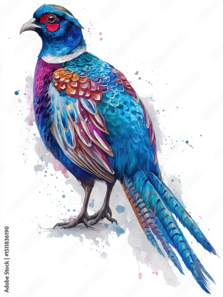 A beautifully illustrated bird displays a striking mix of blue, purple, and red feathers. Its detailed plumage and graceful pose create an eye-catching representation of avian beauty.