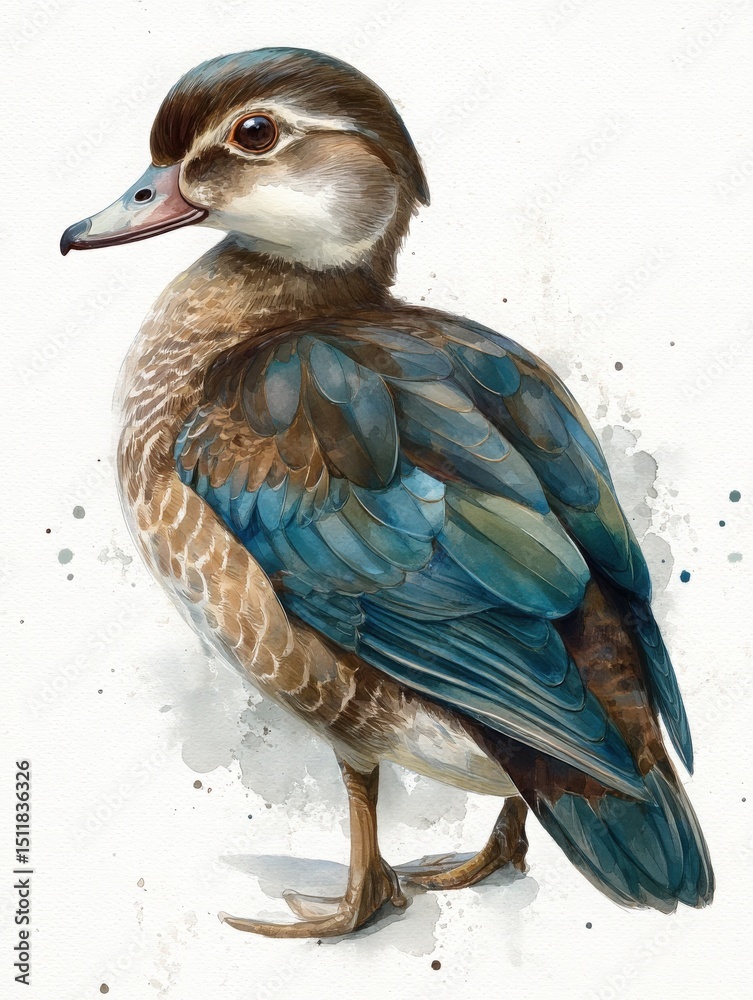 A beautifully illustrated duck stands elegantly, exhibiting striking shades of blue and brown in its feathers.