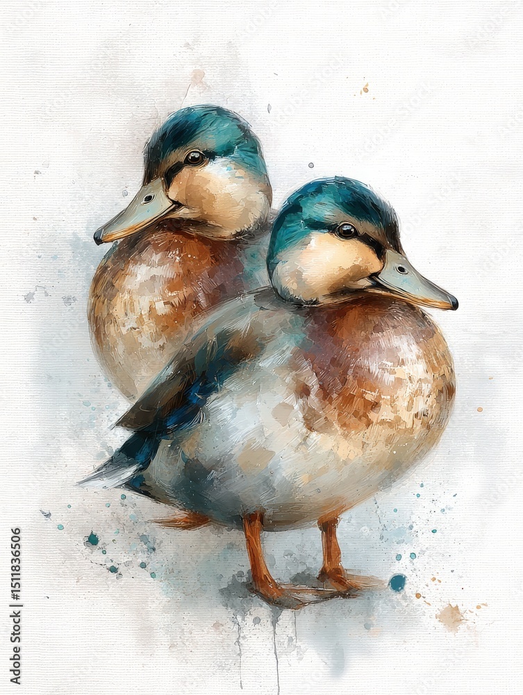 Two ducks with vibrant blue heads and warm brown bodies are standing side by side. The soft watercolor background creates a serene and artistic ambiance, emphasizing their natural beauty.
