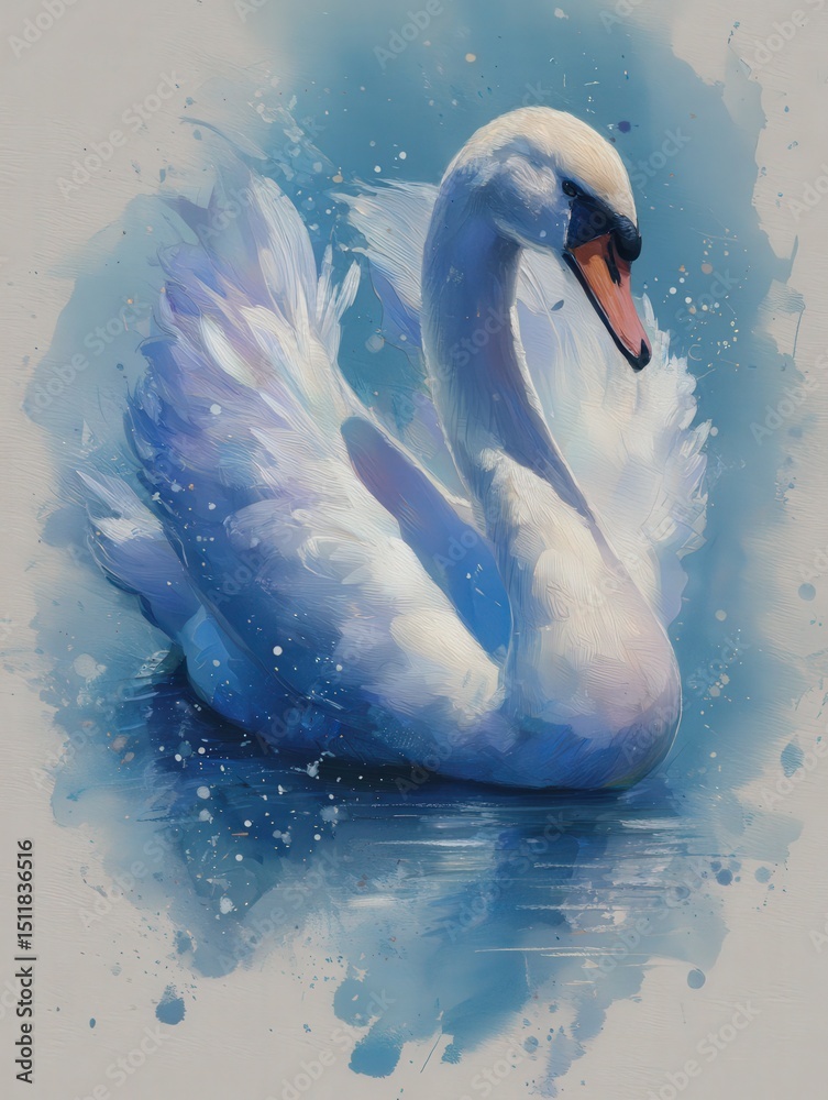 A beautiful swan swims gently in serene waters, its feathers glowing white against a vibrant blue background. The peaceful scene captures the elegance and grace of the bird in motion.