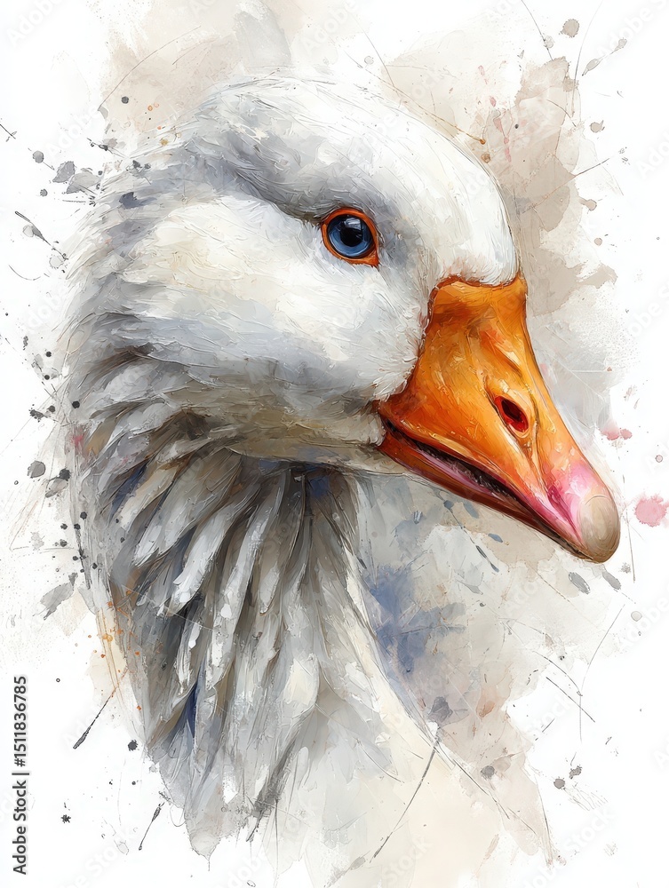 A detailed close-up of a white gooses head displays its striking features. Soft brush strokes highlight its feathers, beak, and expressive eye in a colorful artistic style.