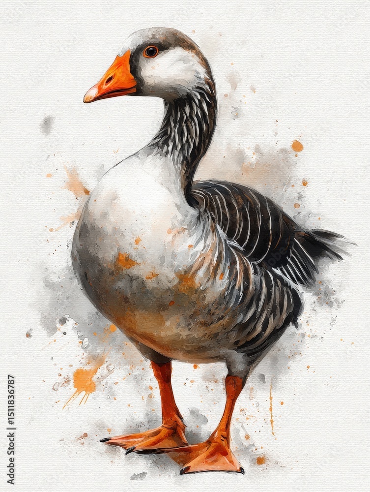 A stunning illustration of a goose stands confidently, showcasing its detailed feathers and vibrant orange beak. The background has soft, artistic splashes that enhance its elegance and charm.