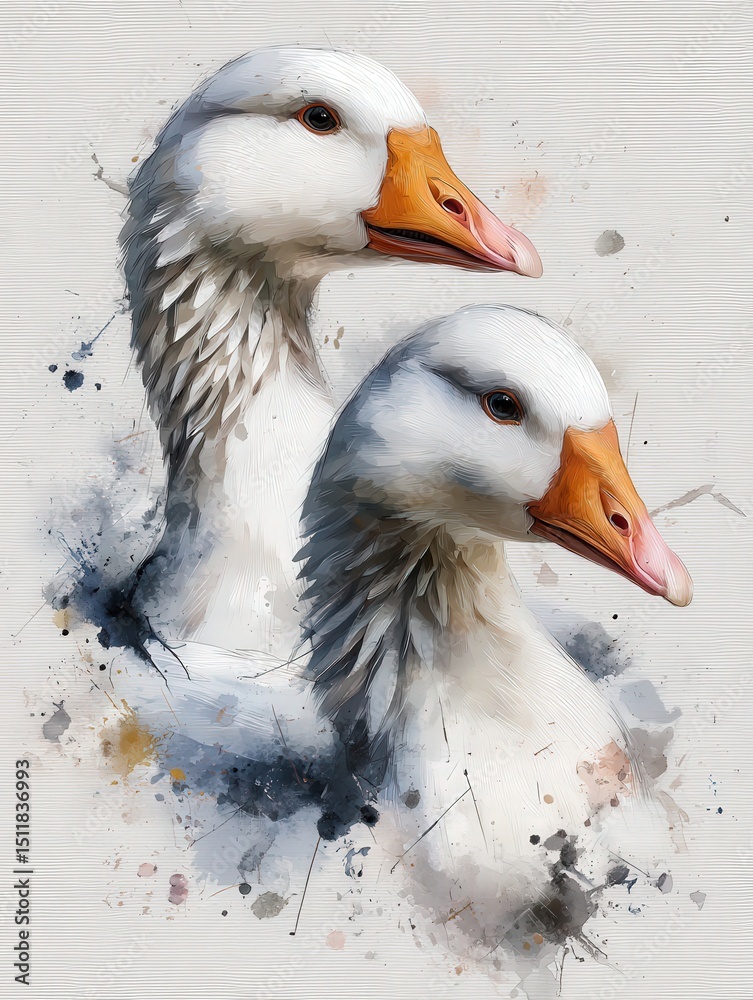 Two elegant geese are illustrated with detailed feathers and vibrant colors. The artwork captures their serene expressions against a soft, abstract background, showcasing artistic creativity.