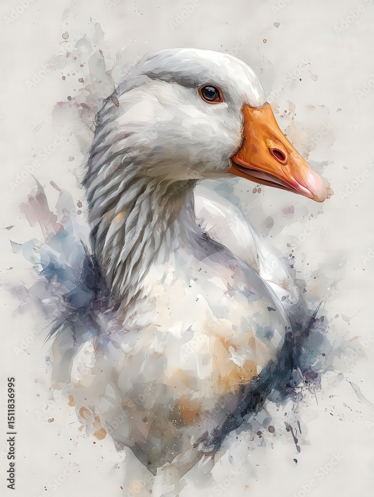 The subject is a white duck with striking orange beak and dark eye, captured in a detailed artistic representation. Soft hues and gentle brush strokes surround the duck, enhancing its beauty.