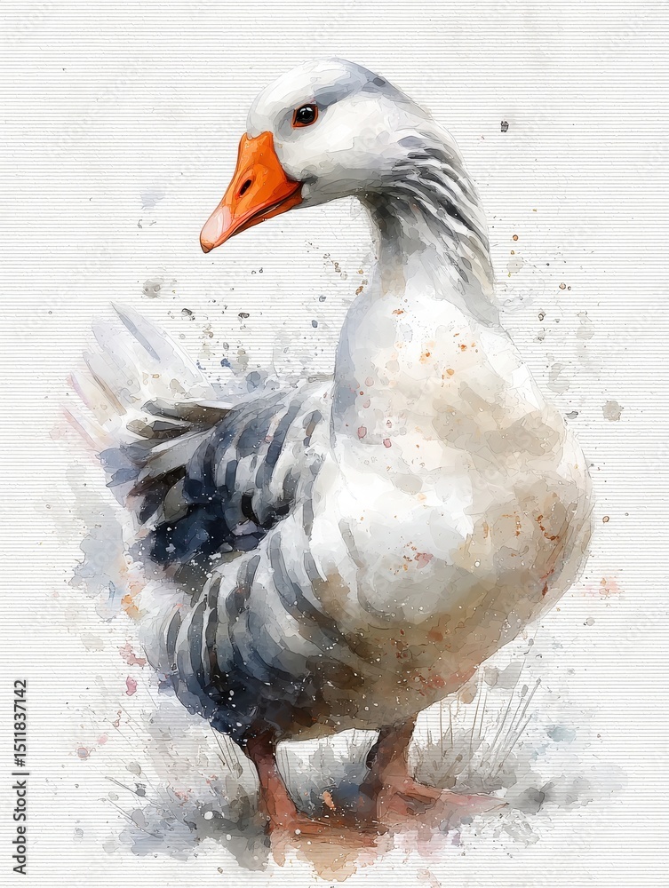 A duck is portrayed in a watercolor style, showcasing its elegant posture and vibrant orange beak. The background features soft splashes of paint, enhancing its beauty and charm.