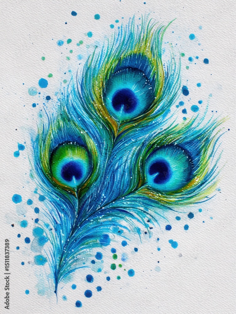 Colorful peacock feather design features rich shades of blue and green, adorned with shimmering accents. The artwork captures a sense of elegance and natures beauty in a captivating composition.