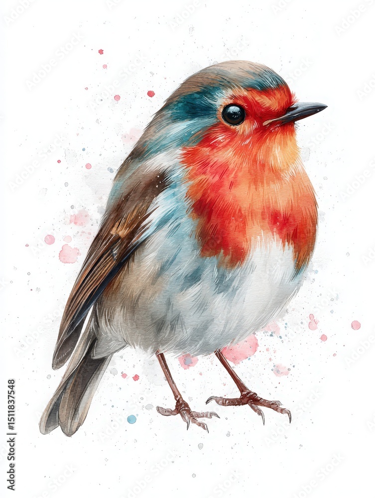 This detailed illustration showcases a small bird with bright orange and blue feathers, standing upright.