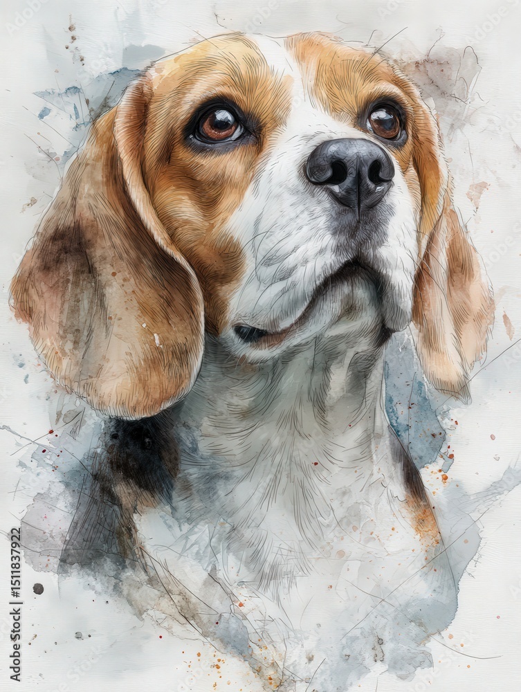 A detailed illustration of a beagle featuring its soulful eyes and distinctive ears. The artwork uses soft watercolor techniques to enhance the dogs charming expressions.