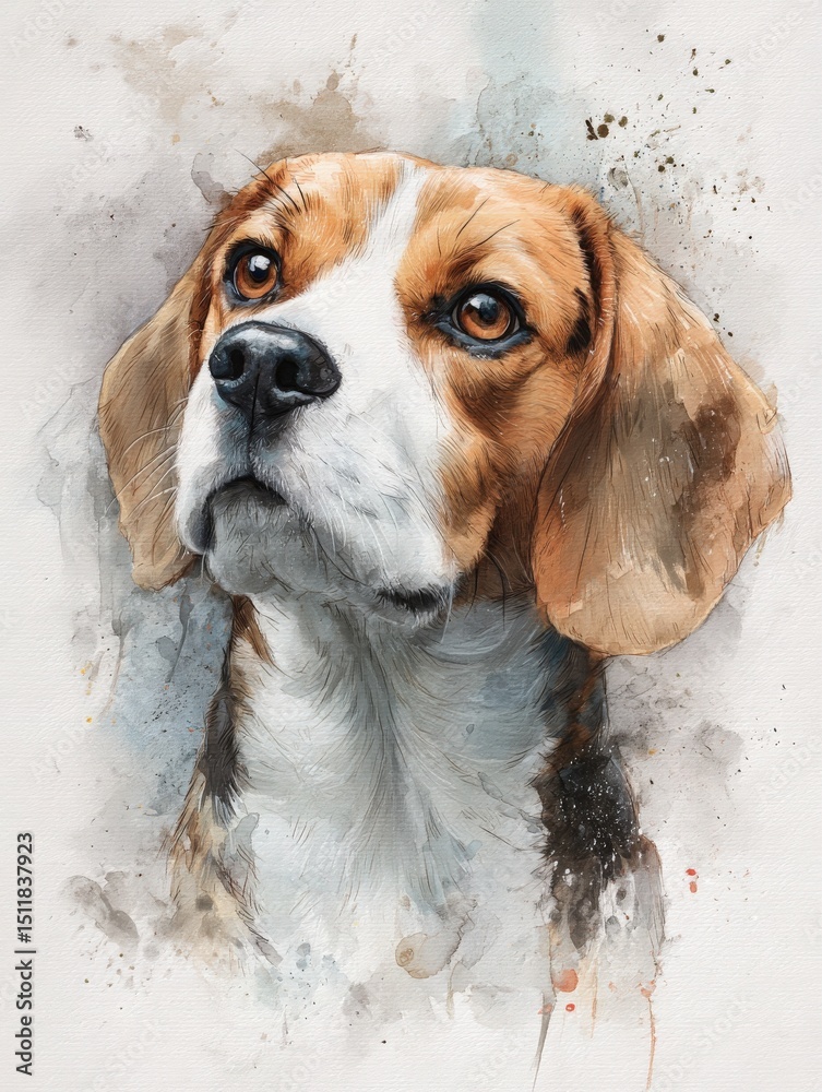 A detailed portrait of a beagle showcases its expressive brown eyes and distinctive fur. The background features soft watercolors that enhance the dogs charm, creating an appealing visual experience.