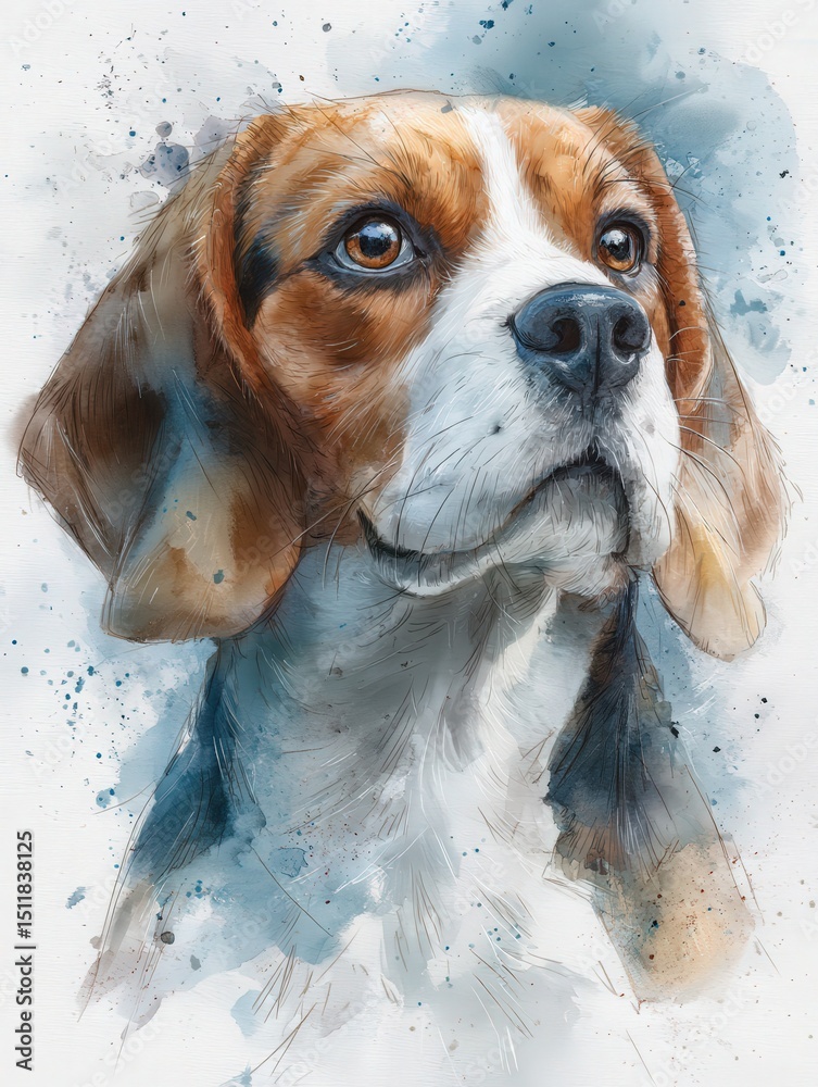 A vibrant watercolor artwork features a beagle with striking brown and white fur. The dogs expressive eyes draw attention, framed by soft splashes of blue, enhancing its charming character.