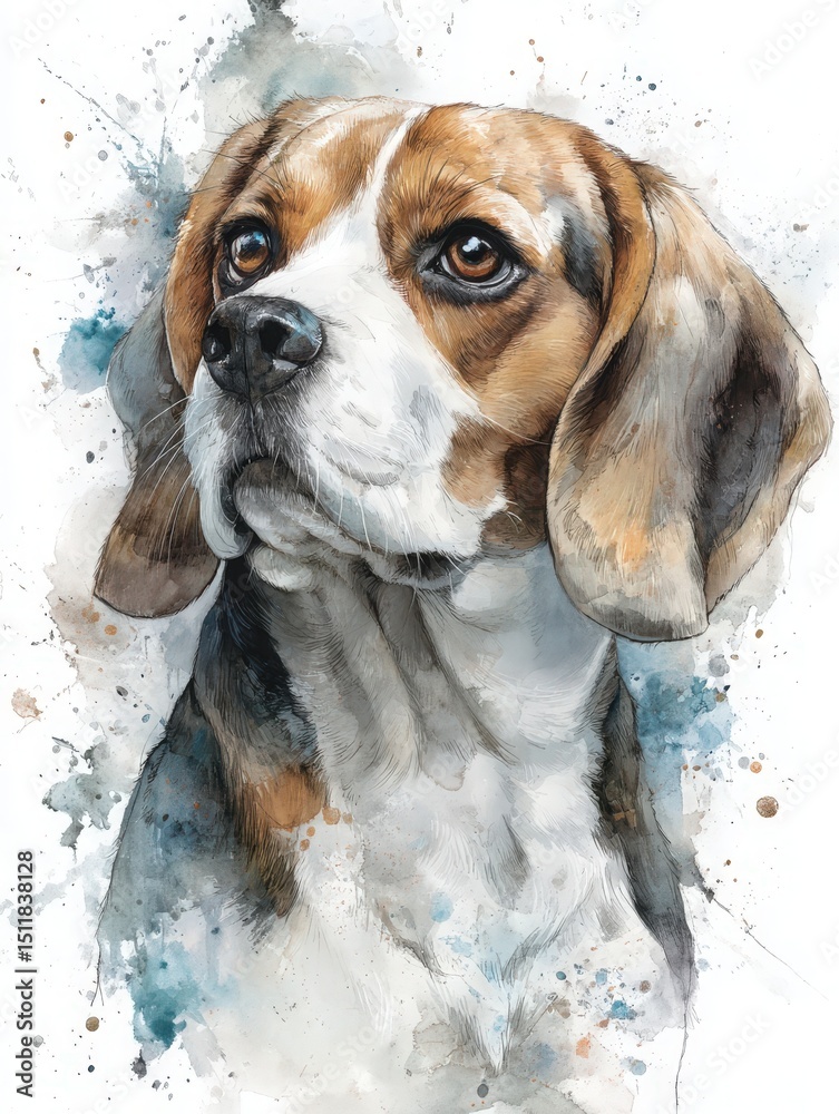 A detailed watercolor depiction of a beagle showcases its distinctive features and expressive eyes. The artwork highlights the dogs soft fur and personality with a splash of vibrant colors.