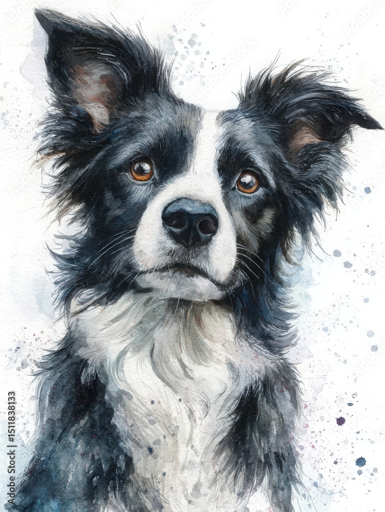 A beautifully detailed watercolor painting of a border collie, highlighting its expressive eyes and distinctive fur patterns. The artwork captures the dogs lively and intelligent demeanor.