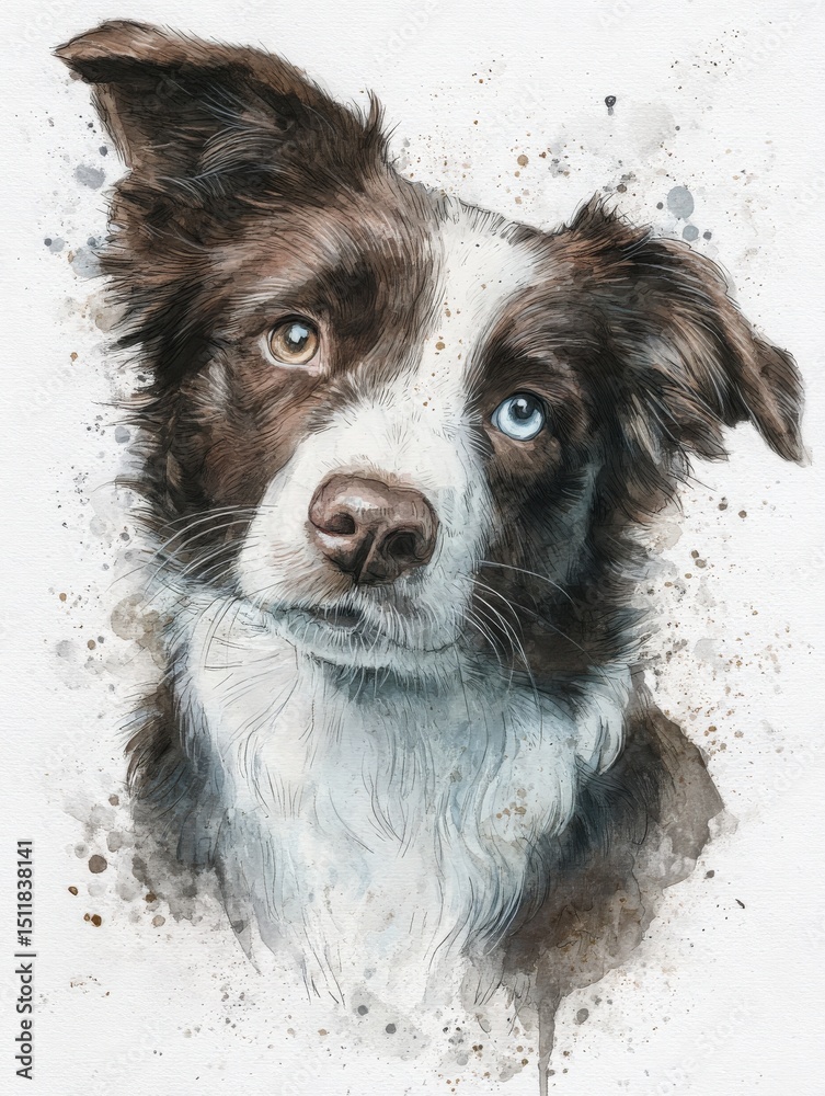 A captivating watercolor artwork features a border collie with a unique two-tone coat and mesmerizing blue eyes.