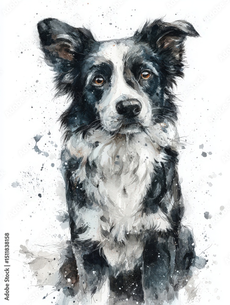A black and white border collie sits gracefully against a textured background, showcasing its expressive eyes and unique fur pattern.
