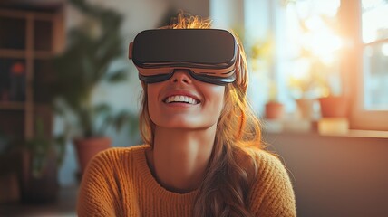 Leinwandbilder - A woman wearing virtual reality goggles smiles widely, immersed in a digital world at home.