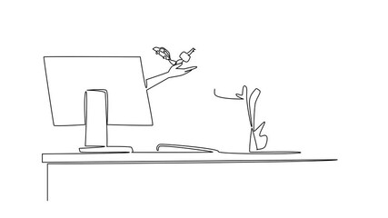 Poster - Self drawing animation of continuous line drawing hand coming out of the monitor screen holding car key with car shaped keychain. Working businesswoman bonus. Things from Screen. Full length animated