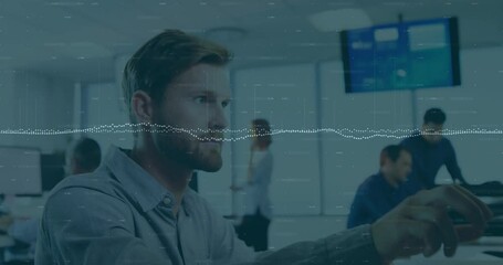 Poster - Man typing business data hearing incoming call and grabbing handset while monitoring waveform